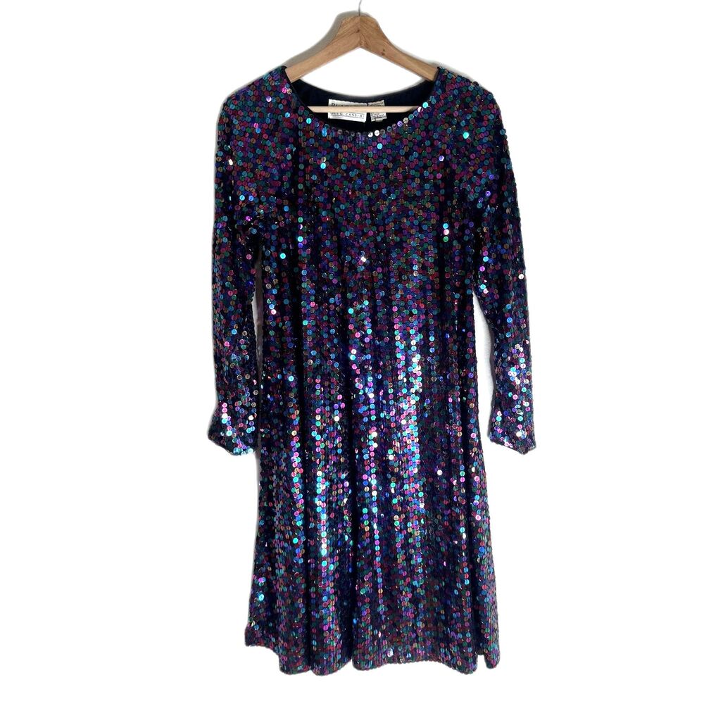 Blacktie Oleg Cassini Dress Womens 14 Sequin Long Sleeve Cocktail Multicolor 90s